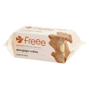 Gluten-free ginger cookies in packaging, organic and vegan-friendly.