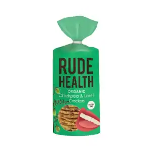 Rude Health organic chickpea and lentil crackers in green packaging.