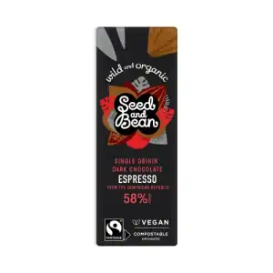 Organic dark chocolate with espresso flavor, vegan, fairtrade, compostable packaging.