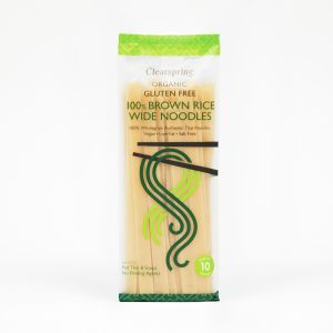 Organic gluten-free brown rice wide noodles for healthy meals.