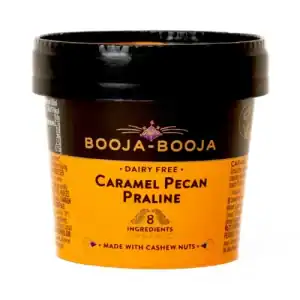Dairy-free Caramel Pecan Praline ice cream with cashew nuts, rich flavor, perfect for dessert lovers.