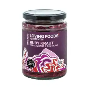 Organic Loving Foods Ruby Kraut with red cabbage and beetroot, 475g jar.